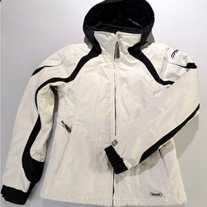 Spyder Ski Jacket Womens Size 4 White/Blk Nylon Hood Tech Pockets Snowboarding